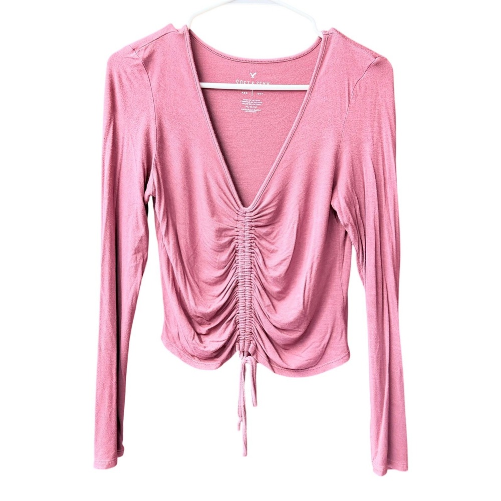American Eagle Top Womens Medium Pink Soft & Sexy Ruched V-Neck Long Sleeve Tee